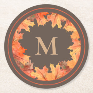 Fall Maple Leaves Monogram Brown Round Paper Coaster