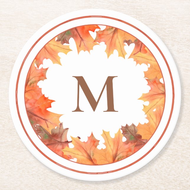 Fall Maple Leaves Monogram Round Paper Coaster (Front)