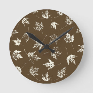 Fall Maple Leaves on brown - seamless pattern.    Round Clock