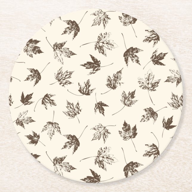 Fall Maple Leaves on cream - seamless pattern.   Round Paper Coaster (Front)