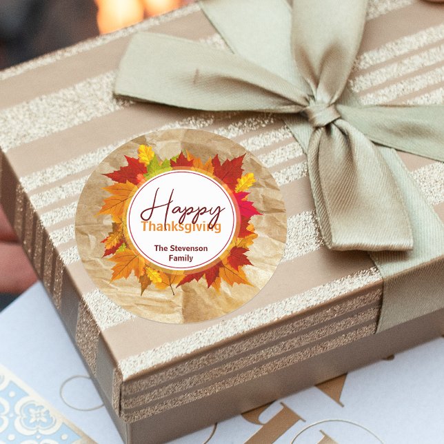 Fall Maple Leaves On Paper Texture Thanksgiving Classic Round Sticker (Creator Uploaded)