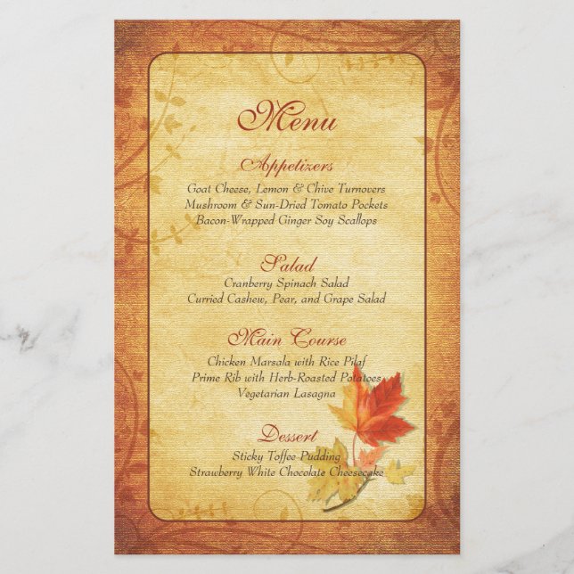 Fall Maple Leaves Wedding Menu Card (Front)