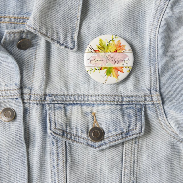 Fall maple leaves with custom text  6 cm round badge (In Situ)