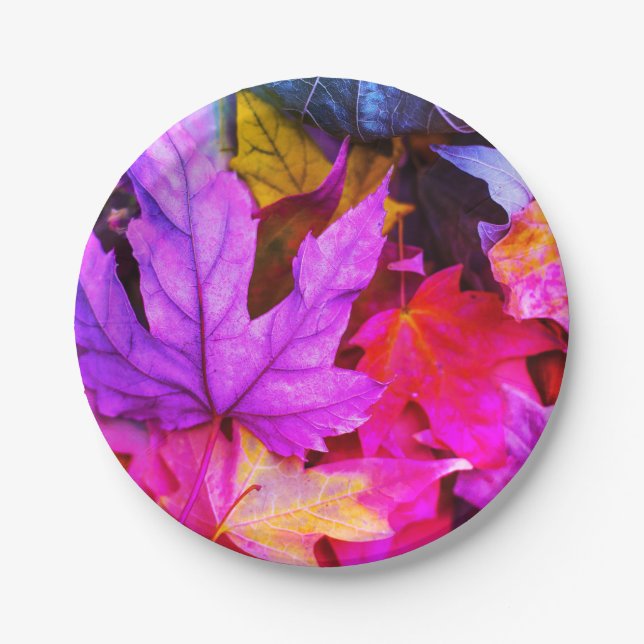 Fall maple tree leaf colourful purple orange paper plate (Front)