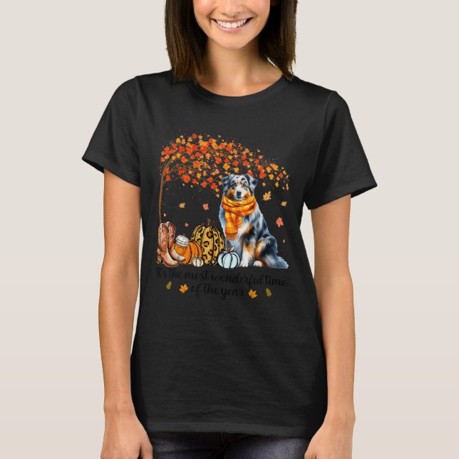 Fall Maple Tree Print Dog Lover Happy Thanksgiving T-Shirt (Front)