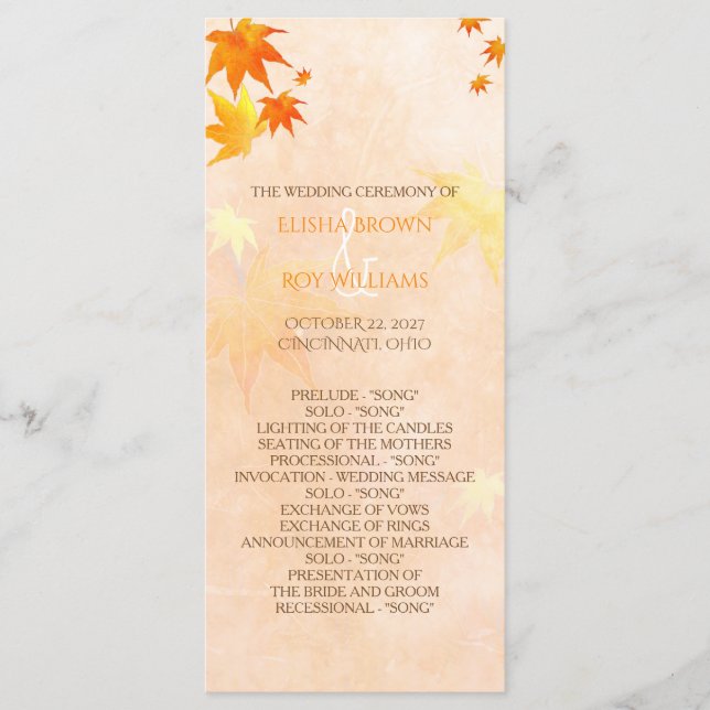 Fall Maple Wedding Celebration Programme (Front)