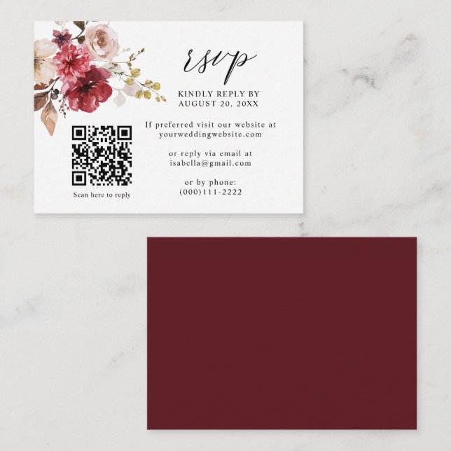 Fall Maroon Beige Pink Floral QR Code Wedding RSVP Enclosure Card (Front/Back)