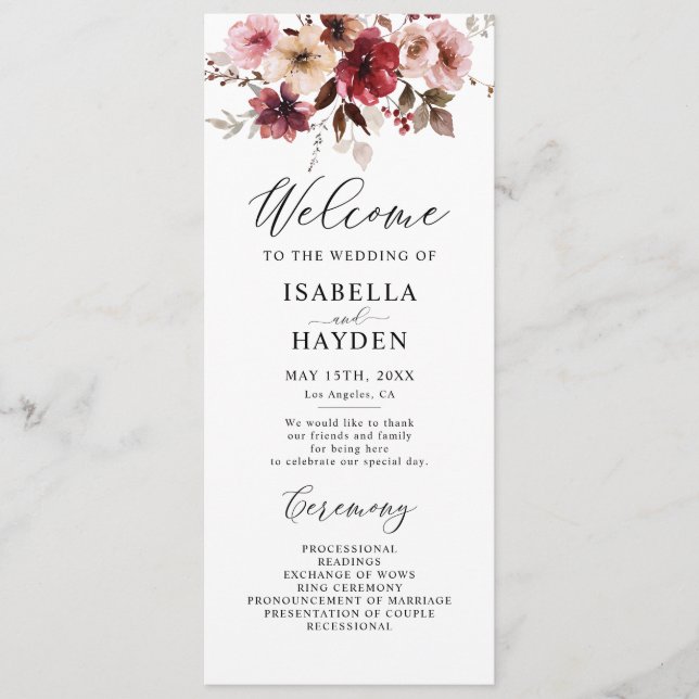 Fall Maroon Blush Boho Floral Wedding Flat Program Programme (Front)