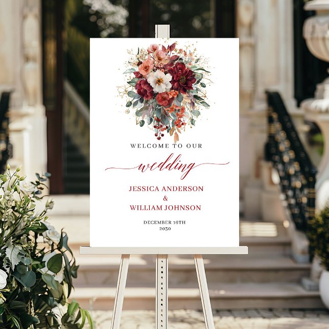 Fall Maroon Floral Boho Eucalyptus Wedding Welcome Poster (Fall Maroon Floral Boho Eucalyptus Wedding Welcome Sign

)