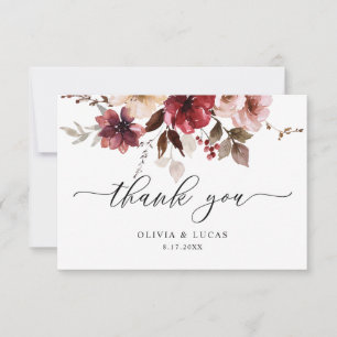 Fall Maroon Floral Dusty Pink Burgundy Wedding Thank You Card