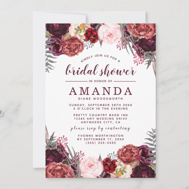 Fall Marsala Blush Peony Bridal Shower Invitations (Front)