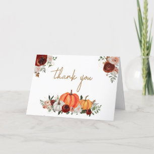 Fall Marsala Burgundy Floral Pumpkin Baby Shower Thank You Card