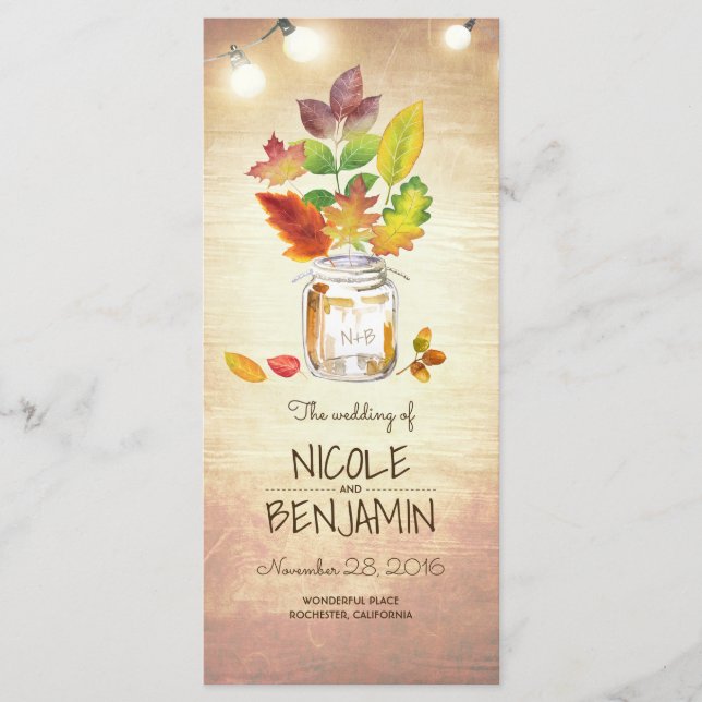Fall Mason Jar and String Lights Wedding Programs Programme (Front)