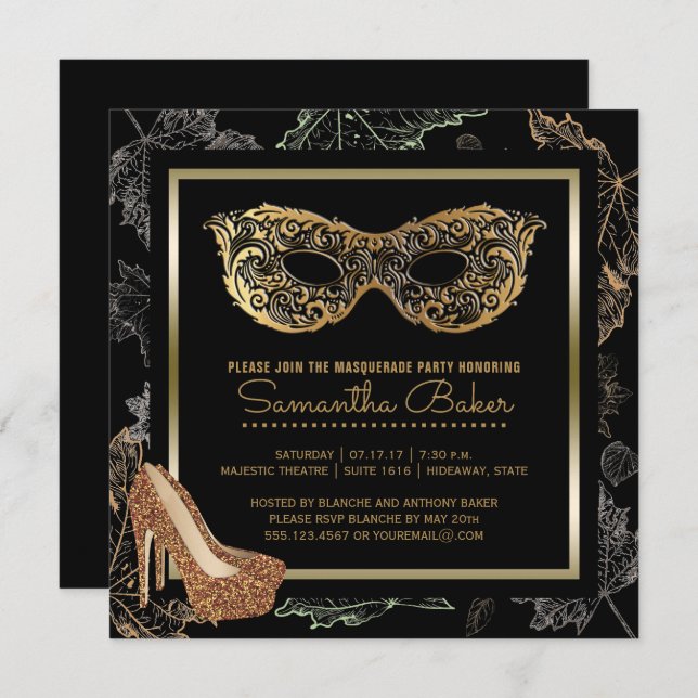 Fall Masquerade Party | Black Gold Costume Ball Invitation (Front/Back)