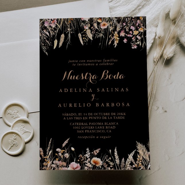 Fall Meadow Wild Floral Nuestra Boda Wedding Invitation (Creator Uploaded)