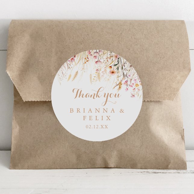 Fall Meadow Wild Floral Thank You Wedding Favour Classic Round Sticker (Creator Uploaded)