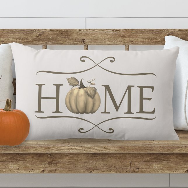 Fall Modern Farmhouse HOME quote with Pumpkin Lumbar Cushion (Autumn Modern Farmhouse HOME Lumbar Pillow with Pumpkin Accent)