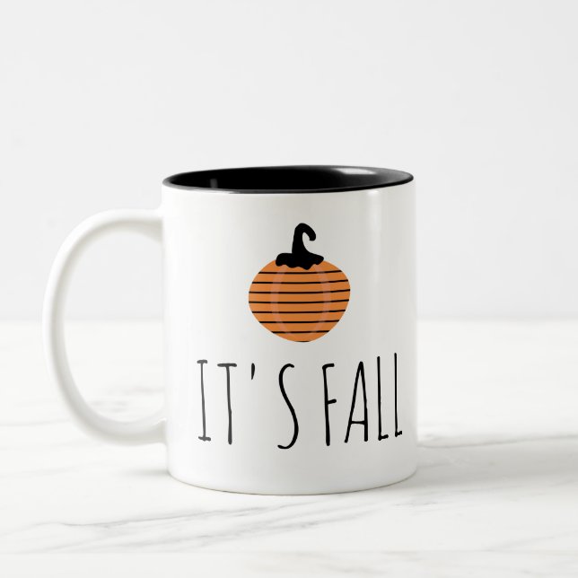 Fall Modern Striped Pumpkin Halloween Two-Tone Coffee Mug (Left)