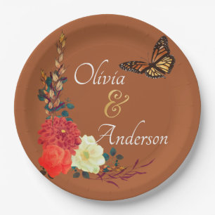 Fall Monarch Butterfly Floral Terracotta Wedding Paper Plate