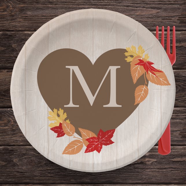 Fall Monogram Bridal Shower or Wedding Paper Plate (Fall Leaves Monogram Heart Paper Plates for Fall in Love Bridal Shower or Fall Wedding)