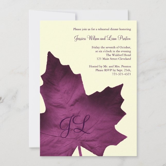 Fall Monogrammed Rehearsal Dinner Invite (purple) (Front)