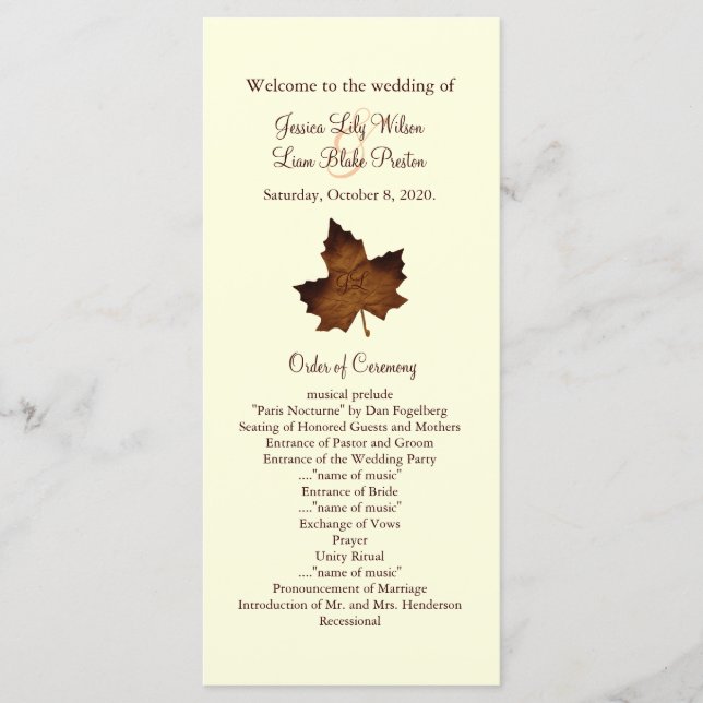 Fall Monogrammed Wedding Program in brown Programme (Front)