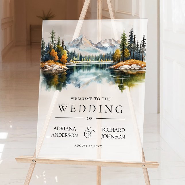 Fall Mountain Forest Lake Wedding Welcome Acrylic Sign (Creator Uploaded)