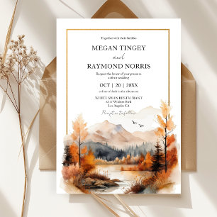 Fall Mountain Watercolor Lakeside Wedding  Invitation