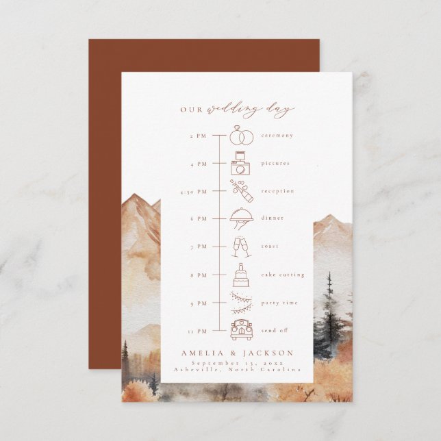 Fall Mountain Wedding Timeline with Icons Enclosure Card (Front/Back)