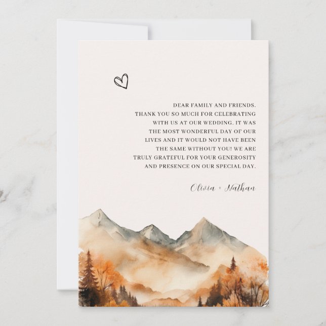 Fall Mountain Wedding With Photo Thank You Card (Front)