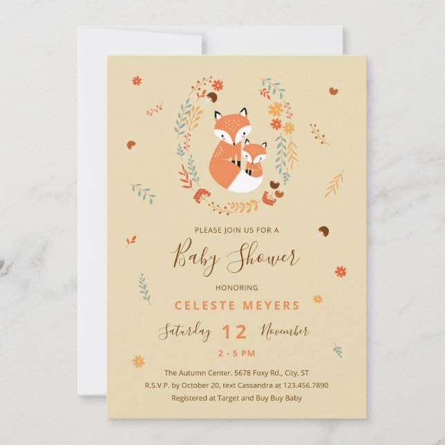 Fall Mum and Baby Fox Baby Shower Announcement (Front)