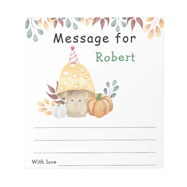Fall mushroom birthday time capsule message notepad (Front)