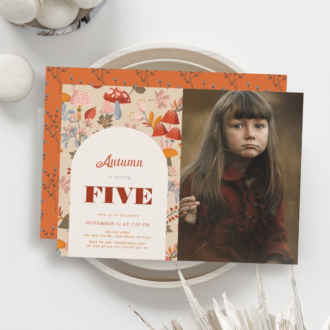 Fall Mushroom Wildflower Birthday Tan Photo Invitation (Creator Uploaded)