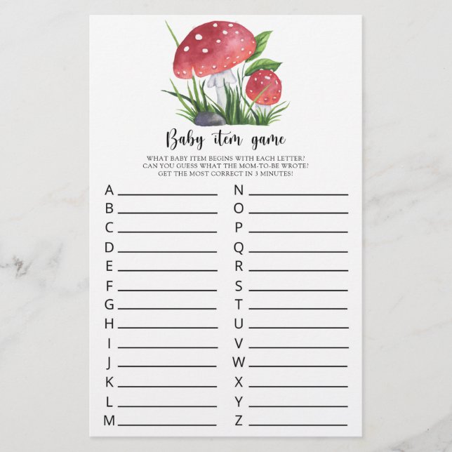 Fall Mushrooms Baby Shower Baby Item Game (Front)
