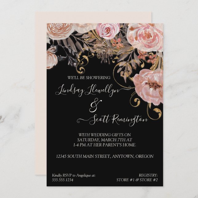 Fall Muted Floral Blush Rose Gold Couples Shower Invitation (Front/Back)
