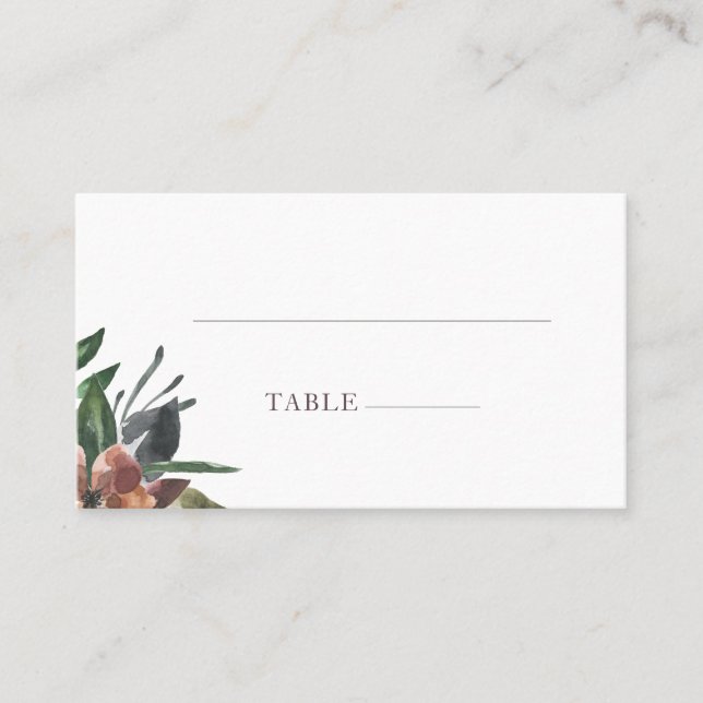 Fall Muted Watercolor Floral Wedding Flat Place Card (Front)