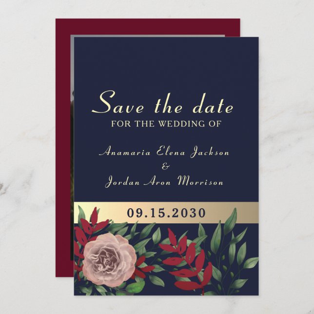 Fall Navy Burgundy Floral Wedding Save The Date (Front/Back)