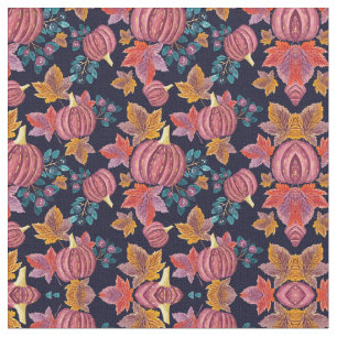 Fall Navy Pumpkin Leaves Watercolor Pattern Fabric