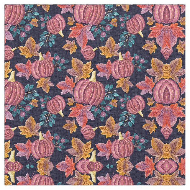 Fall Navy Pumpkin Leaves Watercolor Pattern Fabric (Close Up)