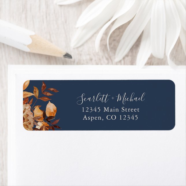 Fall navy Return Address Label (Watercolor Navy Blue Terracotta Autumn Return Address Label by Painted Paperie
)