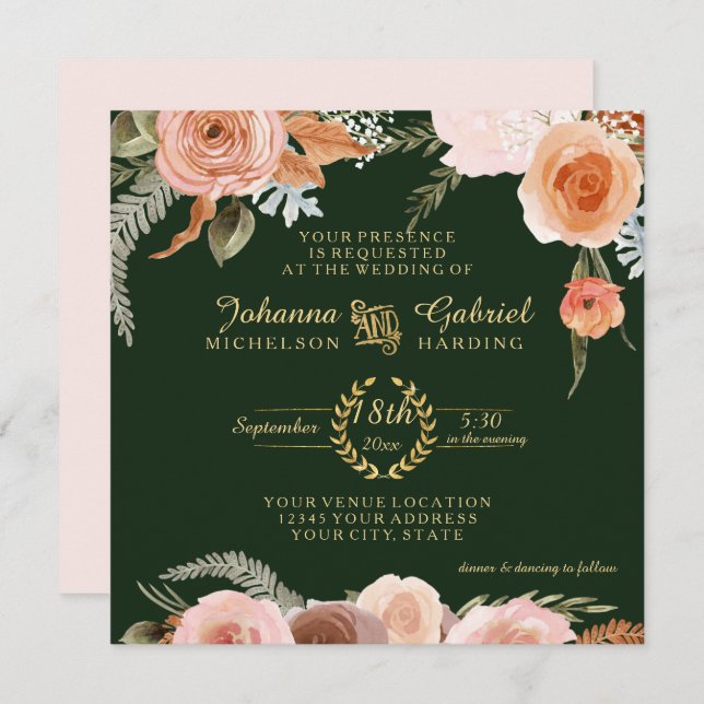 Fall Neutral Blush Floral Foliage Forest Green Invitation (Front/Back)
