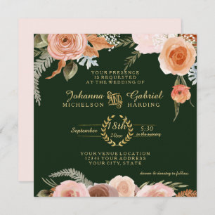 Fall Neutral Blush Floral Foliage Forest Green Invitation