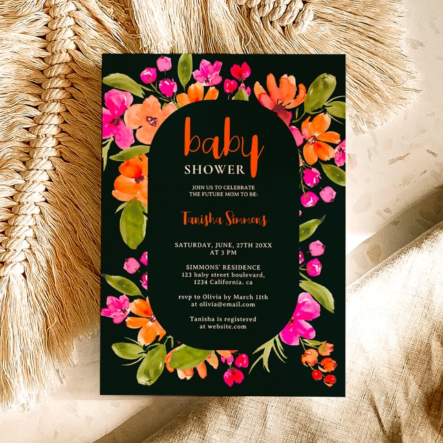 Fall neutral orange pink floral script baby shower invitation (Fall boho pink orange floral script baby shower invitation on dark)