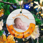 Fall Newborn Photo Baby Pumpkin Double Sided Gift Ceramic Tree Decoration<br><div class="desc">This beautiful,  modern Thanksgiving newborn photo ornament features a photograph of your sweet new baby under the words Our Little Pumpkin in orange. This pretty autumn photograph with trendy white wood behind the patch of pumpins is an elegant baby keepsake gift for a Halloween or Thanksgiving birth.</div>