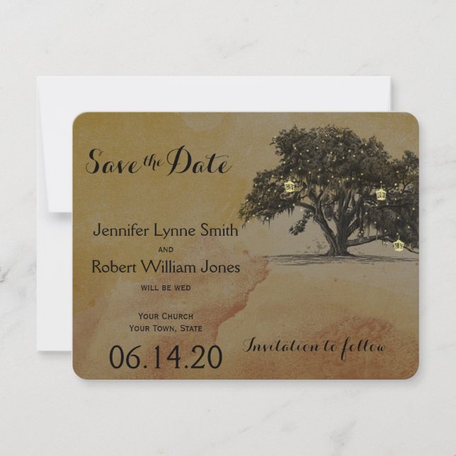 Fall Oak Tree Lantern Wedding Save the Date (Front)