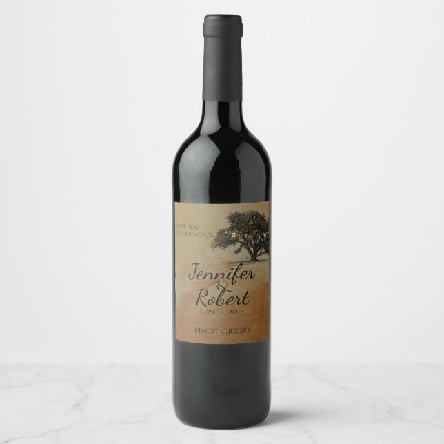 Fall Oak Tree Lantern Wedding Wine Label (Front)