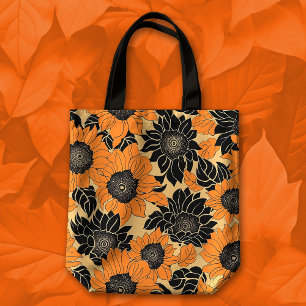 Fall Orange and Black Dahlia Floral Tote Bag