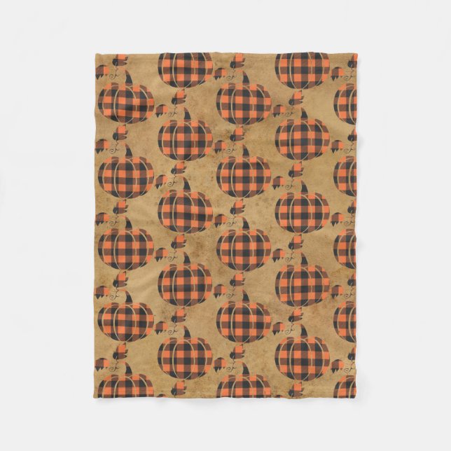 Fall Orange And Black Plaid Autumn Pumpkin Fleece Blanket (Front)