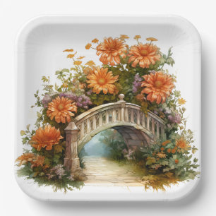 FALL ORANGE ASTER FLOWERS IN SCENES PAPER PLATE