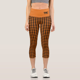Fall Orange Black Buffalo Plaid INITIALS Capri Leggings